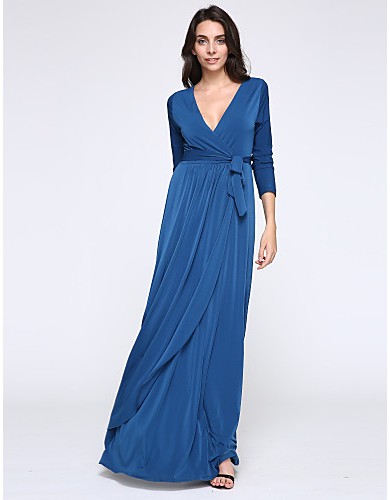 Women's Party/Cocktail Plus Size Plus Size Dress,Solid V Neck Midi Long Sleeve Blue Spandex Fall