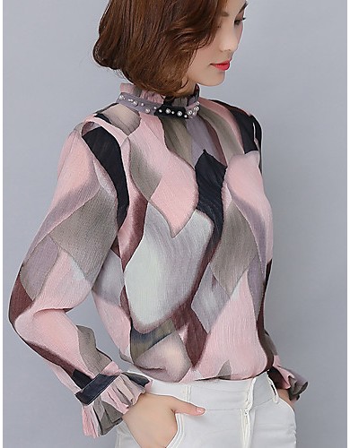 Spring Fall Go out Casual Women's Tops Fashion Wild Pink Printing Stand Collar Long Sleeve Chiffon Blouse